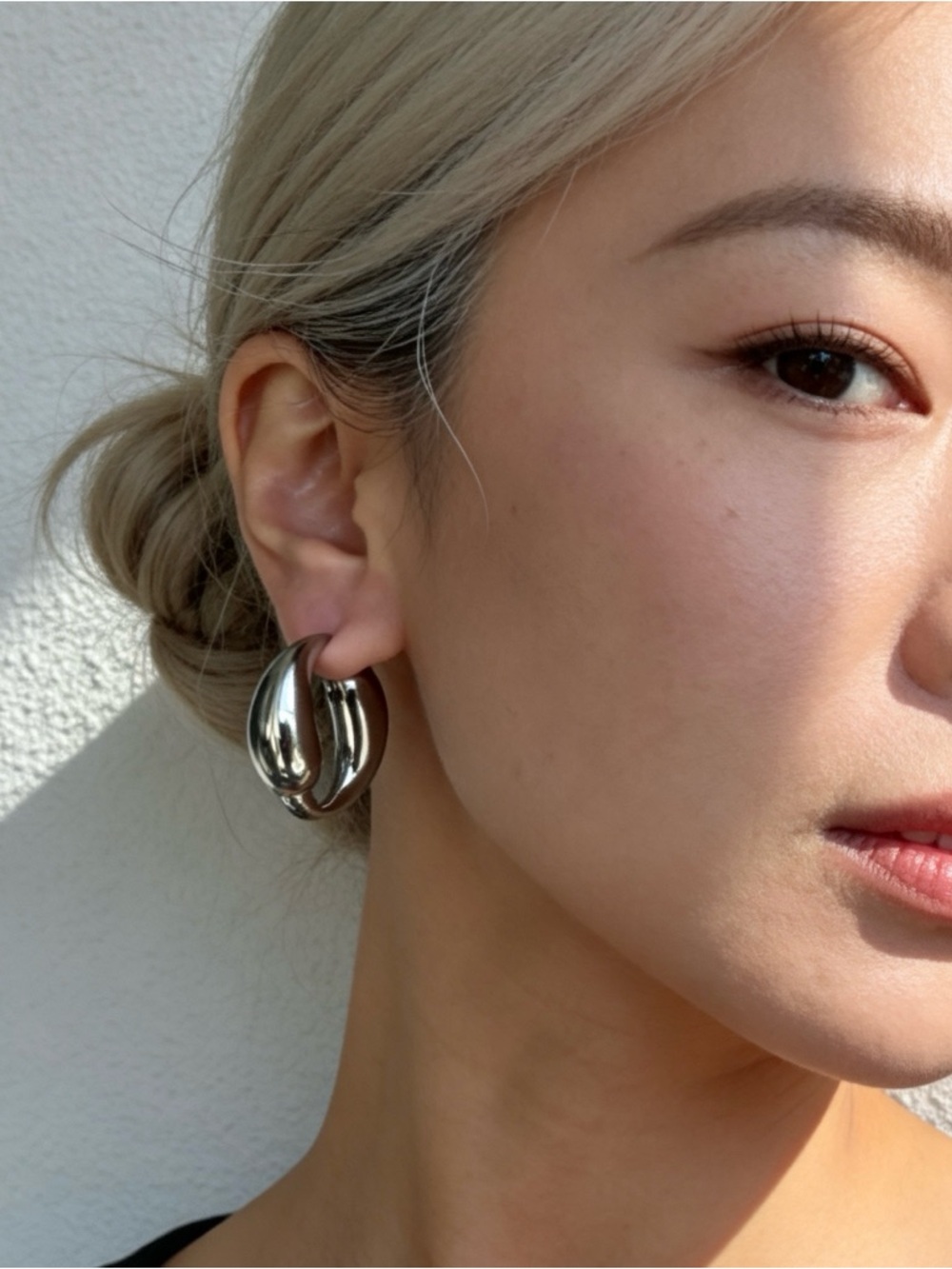 Polished Silver Sculpted Hoop Earrings - Modern Sculpted Hoops - Picture 3 of 11